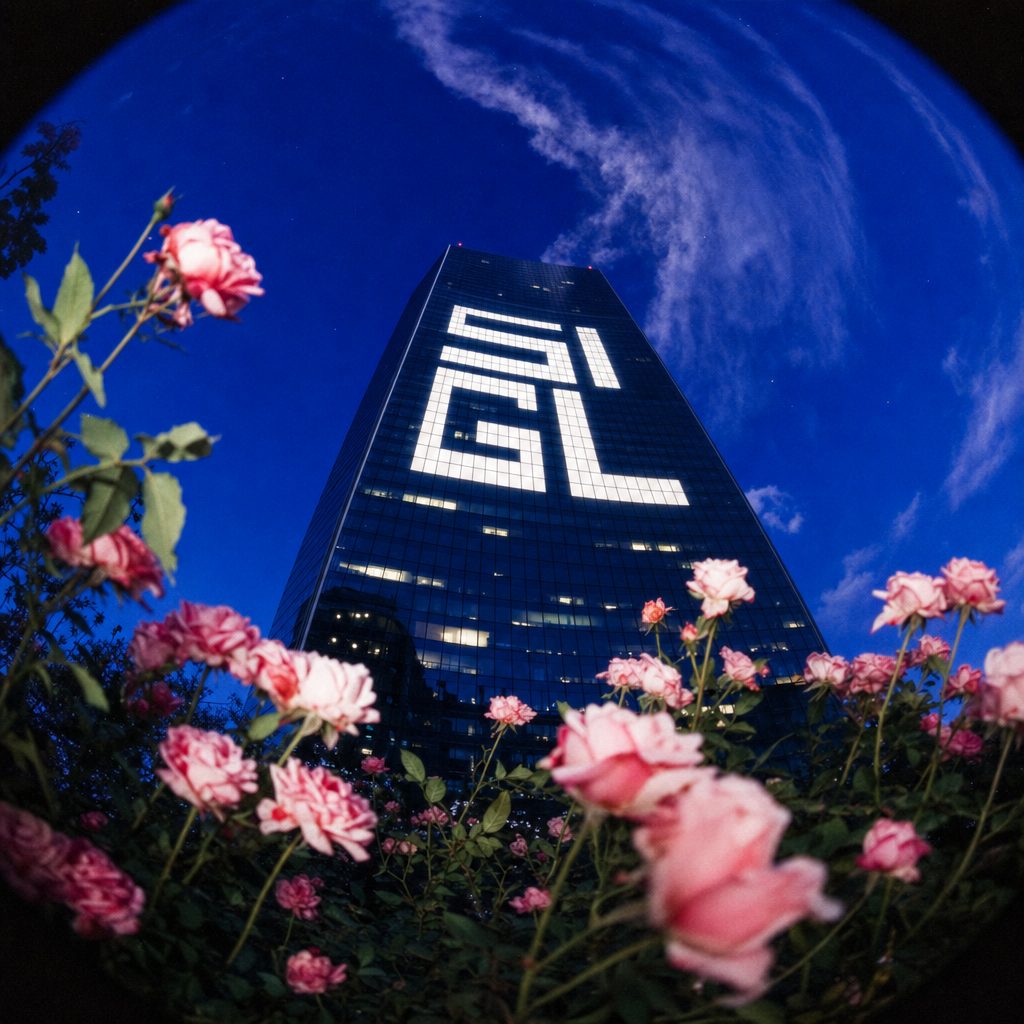 A glass tower at blue hour whose lit windows form the Sigil mark, seen past pink roses through a fisheye lens