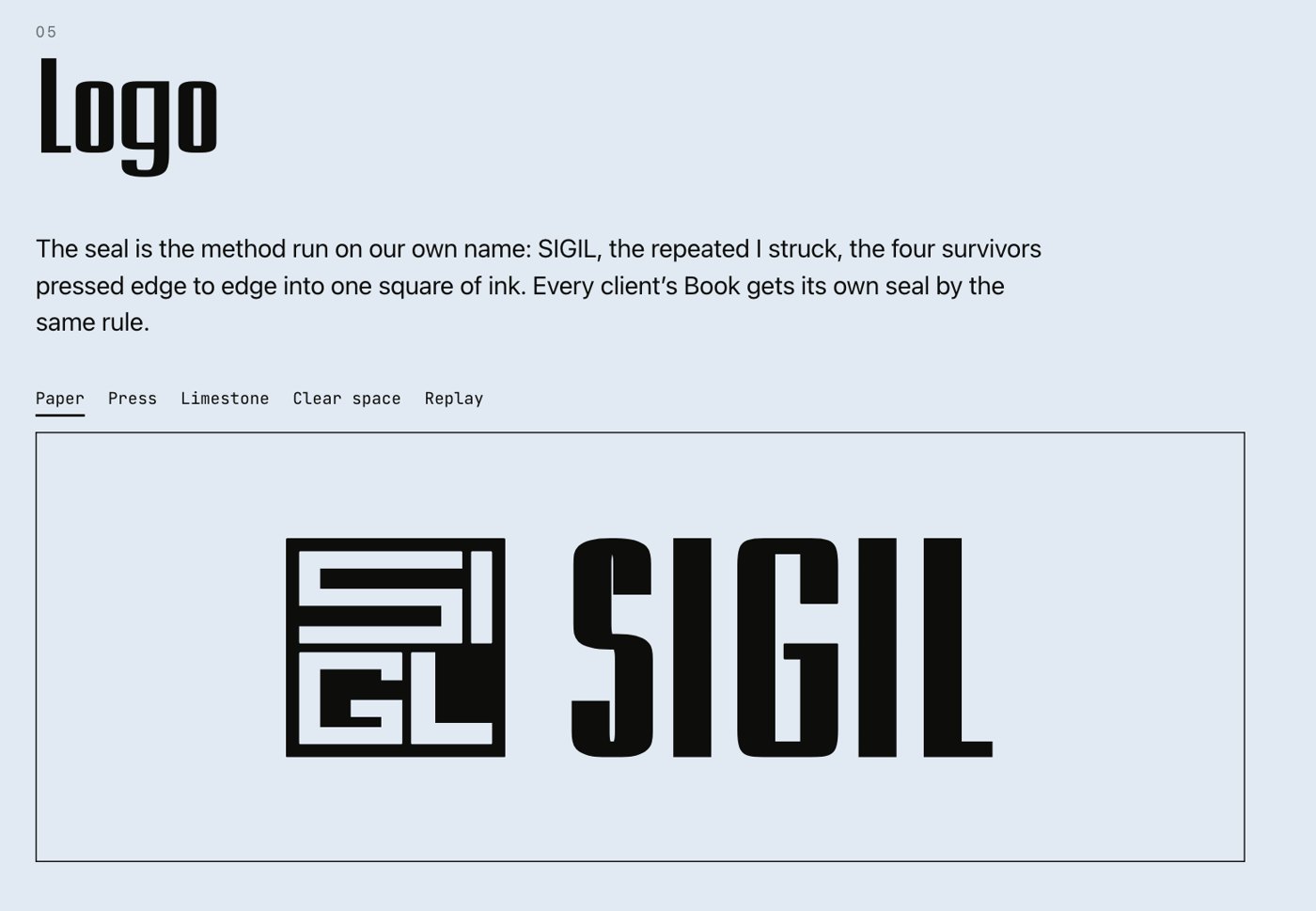 The Logo chapter of Sigil's brand book: the seal beside the wordmark